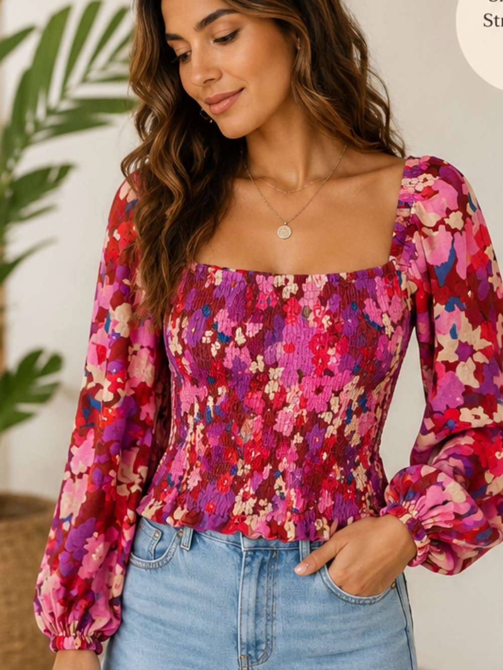 Free People Smocked Floral Puff Sleeve Crop Top S‎